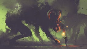 Boy with a torch facing smoke monsters