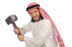 Boze Arabische die mens met hamer op wit wordt geïsoleerd royalty-vrije stock foto Boze Arabische die mens met hamer op wit wordt geïsoleerd royalty-vrije stock foto