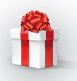 Boîte-cadeau blanc avec un arc et une ombre rouges Le ruban rouge de courbe avec un arc attaché par rayure d'or a isolé l'objet r illustration libre de droits Boîte-cadeau blanc avec un arc et une ombre rouges Le ruban rouge de courbe avec un arc attaché par rayure d'or a isolé l'objet r illustration libre de droits