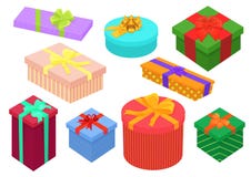 Boîtes de cadeaux isométriques de conception plate réglées Présent et boîte-cadeau lumineux et colorés avec des arcs de ruban Ann Photo libre de droits Boîtes de cadeaux isométriques de conception plate réglées Présent et boîte-cadeau lumineux et colorés avec des arcs de ruban Ann Photo libre de droits
