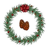 Bożenarodzeniowy dekoracja wianek z jodeł gałąź, pinecones, koralikami i czerwonym łękiem, ilustracji Bożenarodzeniowy dekoracja wianek z jodeł gałąź, pinecones, koralikami i czerwonym łękiem, ilustracji