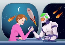 Braccio di ferro del robot di Droid con la donna sulla stanza della stazione spaziale royalty illustrazione gratis Braccio di ferro del robot di Droid con la donna sulla stanza della stazione spaziale royalty illustrazione gratis