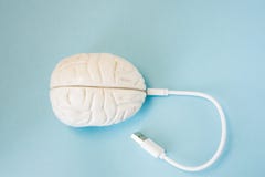 Brain with inserted in socket plug wire or charging cord. Concept technology wired transmission of data, information, knowledge in