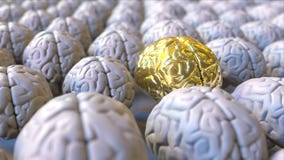 Brain made of gold among the ordinary ones. Genius, mastermind, talent or education conceptual 3D rendering