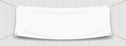 Branco da placa da bandeira do vinil isolado no fundo de madeira do quadro, zombaria branca acima da tela de mat?ria t?xtil vazia ilustração stock Branco da placa da bandeira do vinil isolado no fundo de madeira do quadro, zombaria branca acima da tela de mat?ria t?xtil vazia ilustração stock