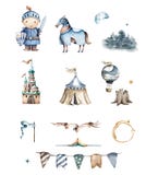 The brave cute little knight and the castle. Adventure collection. Hand drawn watercolor cartoon set for kid greeting