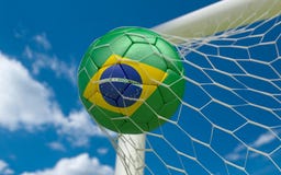 Brazil flag and soccer ball in goal net stock illustration Brazil flag and soccer ball in goal net stock illustration