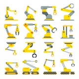 Brazo robótico, mano, iconos planos del vector del robot industrial fijados ilustración del vector Brazo robótico, mano, iconos planos del vector del robot industrial fijados ilustración del vector