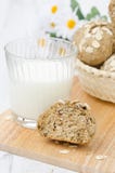 Bread Rolls Wholemeal With Oat Flakes And A Glass Of Milk Royalty Free Stock Images