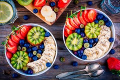 Breakfast bowl: oatmeal with banana, kiwi, strawberry, blueberries and chia seeds stock image Breakfast bowl: oatmeal with banana, kiwi, strawberry, blueberries and chia seeds stock image