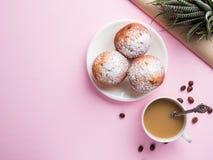 Breakfast muffins coffee milk jug on a pink background. Top view Flat lay royalty free stock photography Breakfast muffins coffee milk jug on a pink background. Top view Flat lay royalty free stock photography