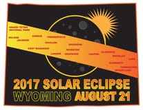 2017 brengt de Zonneverduistering over de Steden van Wyoming vectorillustratie in kaart stock illustratie 2017 brengt de Zonneverduistering over de Steden van Wyoming vectorillustratie in kaart stock illustratie