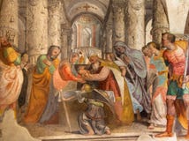 BRESCIA, ITALIA: Fresco doce viejo Jesús en el templo cerca por Lattanzio Gambara en los di Cristo de Chiesa del Santissimo Corpo imágenes de archivo libres de regalías BRESCIA, ITALIA: Fresco doce viejo Jesús en el templo cerca por Lattanzio Gambara en los di Cristo de Chiesa del Santissimo Corpo imágenes de archivo libres de regalías