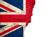 Brexit Förenade kungariket UK flagga som målas på sprucken kluven skalande fasad för cement för målarfärgtegelstenvägg på vit Bre royaltyfri bild Brexit Förenade kungariket UK flagga som målas på sprucken kluven skalande fasad för cement för målarfärgtegelstenvägg på vit Bre royaltyfri bild