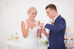 https://thumbs.dreamstime.com/t/bride-groom-eat-cake-wedding-ceremony-beautiful-stylish-summer-fun-smile-joy-55267499.jpg