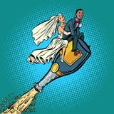 Bride and groom wedding. Inter-ethnic couple. Flying on a bottle vector illustration Bride and groom wedding. Inter-ethnic couple. Flying on a bottle vector illustration
