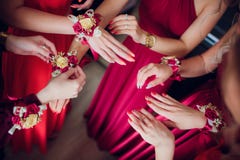 Bride`s Friends Show Each Other Manicure. Green Dresses. Concept Wedding, Friendship And Fashion. Girlfriends Show Off Stock Photography Bride`s Friends Show Each Other Manicure. Green Dresses. Concept Wedding, Friendship And Fashion. Girlfriends Show Off Stock Photography