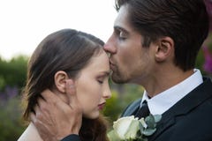 Bridegroom kissing on bride forehead Stock Images Bridegroom kissing on bride forehead Stock Images