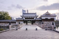 The bridge to entrance at hiroshima castle with wall to protect Royalty Free Stock Images The bridge to entrance at hiroshima castle with wall to protect Royalty Free Stock Images