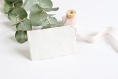 Bright feminine spring stationery mockup scene with a handmade paper greeting card, spool of silk ribbon and eucalyptus stock photo Bright feminine spring stationery mockup scene with a handmade paper greeting card, spool of silk ribbon and eucalyptus stock photo