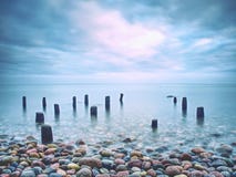 Brise-lames en bois en mer paisible de soirée L'atmosphère romantique pure images stock Brise-lames en bois en mer paisible de soirée L'atmosphère romantique pure images stock