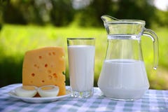 Brocca di latte un bicchiere di latte, un formaggio e le uova fotografia stock Brocca di latte un bicchiere di latte, un formaggio e le uova fotografia stock