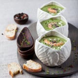 Broccoli, Spinach Cream Soup, Shrimp, Wooden Board Royalty Free Stock Image Broccoli, Spinach Cream Soup, Shrimp, Wooden Board Royalty Free Stock Image