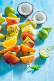 Brochettes savoureuses avec le mélange des fruits pour la partie en été image libre de droits Brochettes savoureuses avec le mélange des fruits pour la partie en été image libre de droits