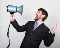 Brodaty biznesmen wrzeszczy przez megafonu Kontakty z otoczeniem mężczyzna wyraża różnorodne emocje fotografie potomstwa zdjęcie stock Brodaty biznesmen wrzeszczy przez megafonu Kontakty z otoczeniem mężczyzna wyraża różnorodne emocje fotografie potomstwa zdjęcie stock