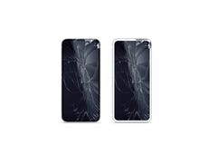Broken mobile phone screen mockup, black and white, front view. stock photos Broken mobile phone screen mockup, black and white, front view. stock photos