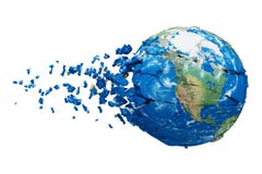 Broken shattered planet earth globe isolated on white background. Blue and green realistic world with particles and debris. royalty free illustration Broken shattered planet earth globe isolated on white background. Blue and green realistic world with particles and debris. royalty free illustration