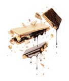 Broken waffles are poured with chocolate, isolated on white background stock images Broken waffles are poured with chocolate, isolated on white background stock images