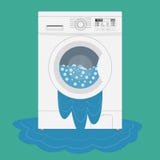 Broken washing machine from which water flows. Calling the master stock illustration Broken washing machine from which water flows. Calling the master stock illustration