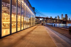 Brooklyn Bridge Park at twilight with view on the skyscrapers of Lower Manhattan, the Brooklyn Bridge. New York City royalty free stock photo Brooklyn Bridge Park at twilight with view on the skyscrapers of Lower Manhattan, the Brooklyn Bridge. New York City royalty free stock photo