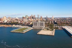 Brooklyn Heights in New York NYC in USA at sunny day. Aerial helicopter view stock photo Brooklyn Heights in New York NYC in USA at sunny day. Aerial helicopter view stock photo