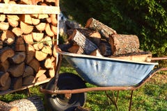 Brouette de roue complètement de bois dans le jardin images libres de droits Brouette de roue complètement de bois dans le jardin images libres de droits