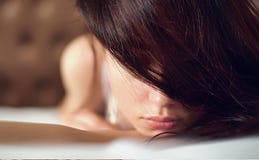 Girl in white top bedroom white bed stock photos Girl in white top bedroom white bed stock photos