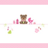 Brown Teddy And Girl Baby Icons Dots Border Pink ilustração stock Brown Teddy And Girl Baby Icons Dots Border Pink ilustração stock