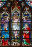 BRUGES, BELGIUM - JUNE 12, 2014: The Crucifixion on the windowpane in St. Salvator's Cathedral Royalty Free Stock Photography BRUGES, BELGIUM - JUNE 12, 2014: The Crucifixion on the windowpane in St. Salvator's Cathedral Royalty Free Stock Photography