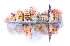 Bruges pejzażu miejskiego akwareli rysunek, Belgia Brugge aquarelle kanałowy obraz fotografia stock Bruges pejzażu miejskiego akwareli rysunek, Belgia Brugge aquarelle kanałowy obraz fotografia stock