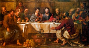 BRUKSELA, CZERWIEC - 21: Farba Ostatnia kolacja Chrystus w st Nicholas obraz royalty free BRUKSELA, CZERWIEC - 21: Farba Ostatnia kolacja Chrystus w st Nicholas obraz royalty free