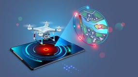 Brummen mit Videokamera flys auf zugewiesenem Weg und übertragen das Strömen von fpv Video auf Schirmtablette Digital erzeugte Ka vektor abbildung Brummen mit Videokamera flys auf zugewiesenem Weg und übertragen das Strömen von fpv Video auf Schirmtablette Digital erzeugte Ka vektor abbildung