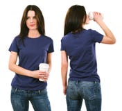 Brunette with blank purple shirt and drinking Stock Images Brunette with blank purple shirt and drinking Stock Images