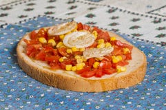 Bruschetta with tomato, onion and corn Royalty Free Stock Images Bruschetta with tomato, onion and corn Royalty Free Stock Images