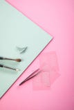 Brushes, fake lashes, tweezers and artificial eyelid crease double tapes for eye makeup on rose pink and mint green stock photo Brushes, fake lashes, tweezers and artificial eyelid crease double tapes for eye makeup on rose pink and mint green stock photo