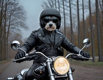 A brutal dog in sunglasses and a leather jacket rides a motorcycle outdoors. Generative AI.