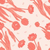 Brzoskwinia koralowi tulipany z motyla bezszwowym wzorem ilustracja wektor Brzoskwinia koralowi tulipany z motyla bezszwowym wzorem ilustracja wektor