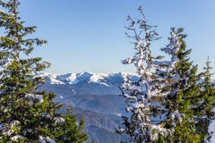 Bucegi-Berge angesehen von Postavarul-Spitze, Brasov, Siebenbürgen, Rumänien lizenzfreie stockfotografie Bucegi-Berge angesehen von Postavarul-Spitze, Brasov, Siebenbürgen, Rumänien lizenzfreie stockfotografie