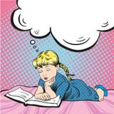 Buch des kleinen Mädchens Leseauf einem Bett Vektorillustration in der komischen Pop-Arten-Art lizenzfreie abbildung Buch des kleinen Mädchens Leseauf einem Bett Vektorillustration in der komischen Pop-Arten-Art lizenzfreie abbildung