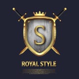 Buchstabe S und zwei kreuzte Klingen und Schild mit Krone Briefgestaltung in der Goldfarbe f?r Gebrauch als heraldisches Symbol d lizenzfreie abbildung Buchstabe S und zwei kreuzte Klingen und Schild mit Krone Briefgestaltung in der Goldfarbe f?r Gebrauch als heraldisches Symbol d lizenzfreie abbildung